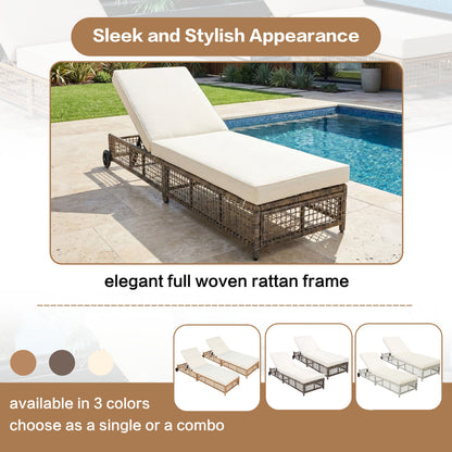 Outdoor Lounge Chair with 5-Position Backrest, Rattan Chaise Lounge in Beige