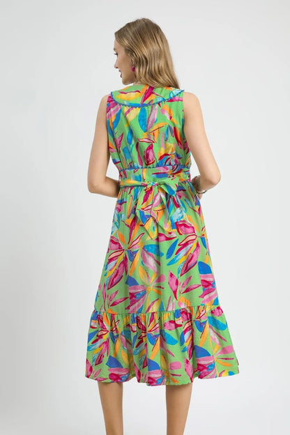 Umgee Ruffled Hem Printed Sleeveless Midi Dress
