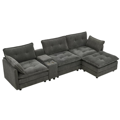 Sectional Sofa L-Shape Corduroy Gray 4 Seat USB Ports Ottoman 119 In
