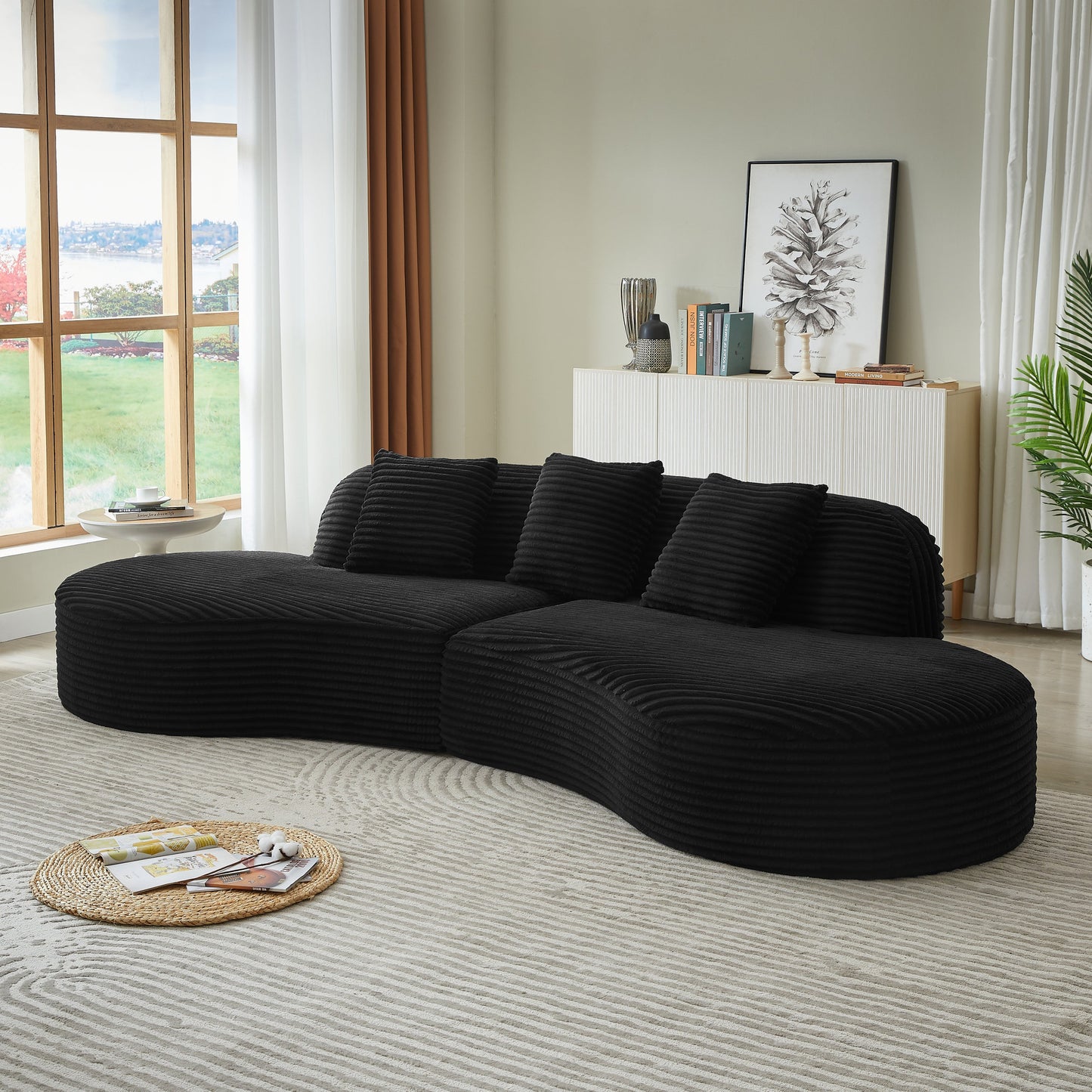 Curved Corduroy Sectional Sofa 4-Seat 123" Black