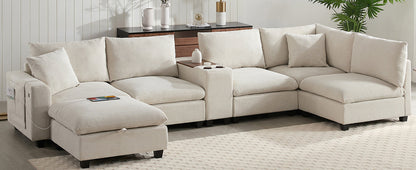 Sectional Sofa U-Shape Corduroy Beige 6 Seat Storage Ottoman USB 140 In