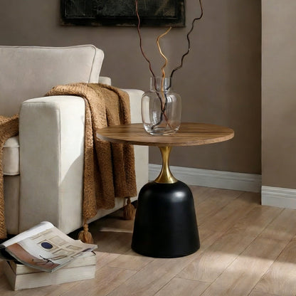 23.6 in Round Side Table, Metal Base, Walnut Wood Grain, Living Room Office