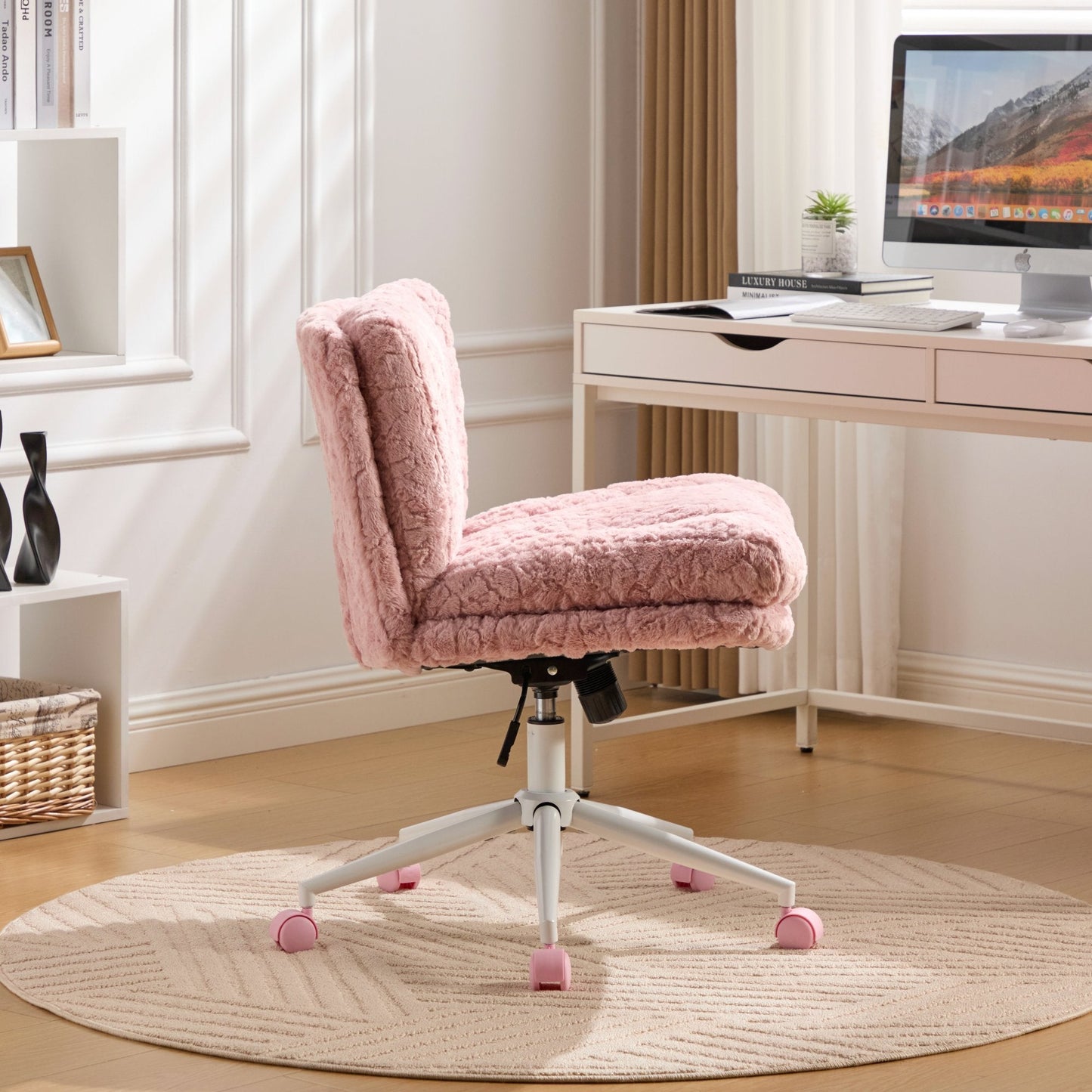 Swivel Chair Faux Alpaca Pink Wide 26.4 In Seat 360 Degree Height Adjust