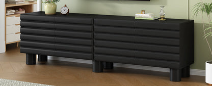 TV Stand Wavy Door Black MDF 4-Cabinet Cylindrical Legs Fits 70 In TV