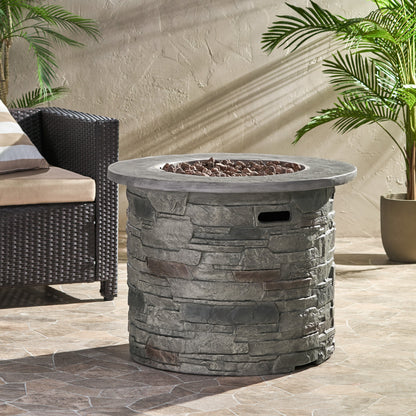 Transitional Outdoor 32 Inch Round MGO Propane Fire Pit Table, Stone Gray