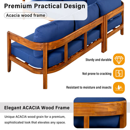 Outdoor Sofa Set Acacia Wood Arc Frame Blue Cushions L-Shape 6 Piece