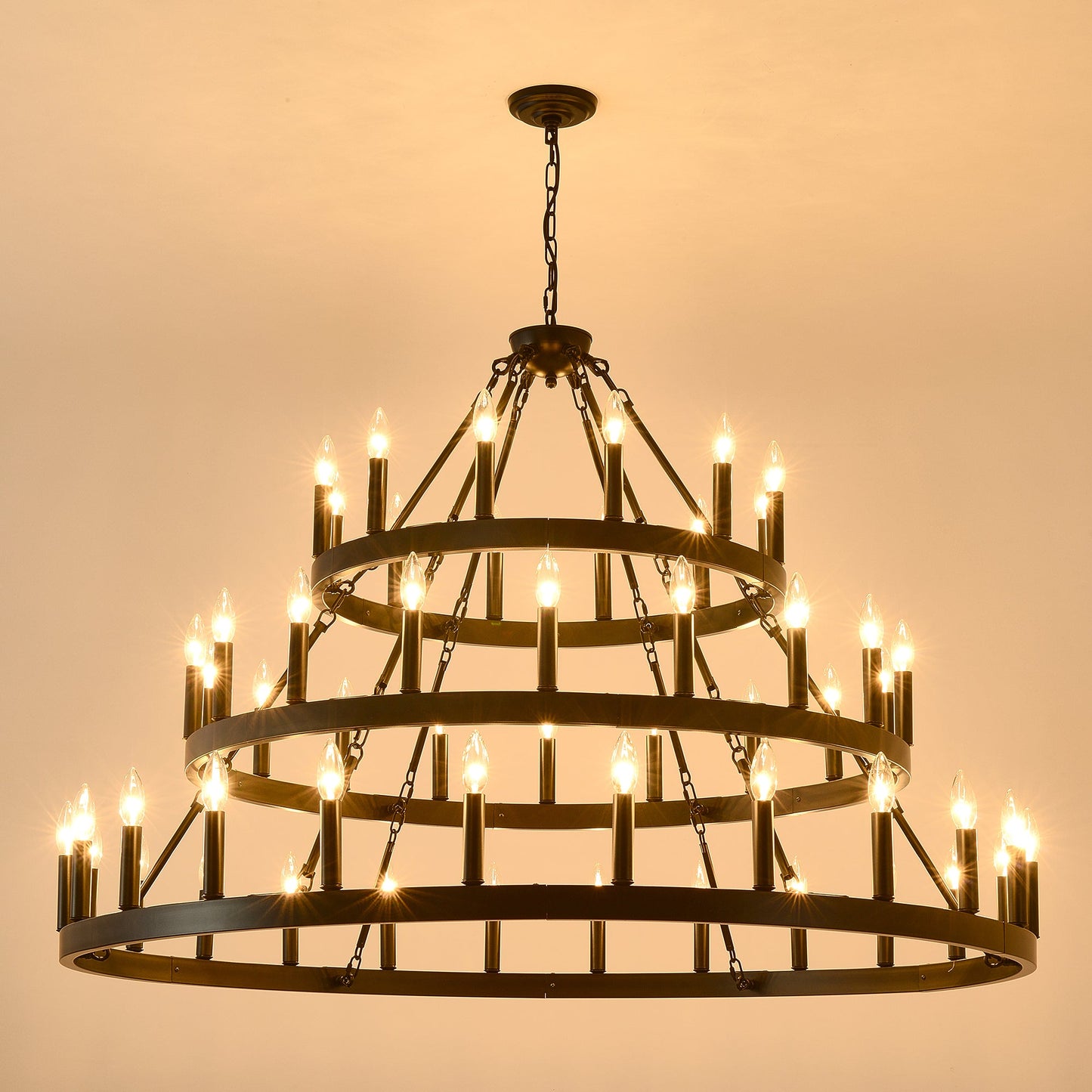 Chandelier Wagon Wheel 3-Tier 36-Light Black Metal 39.37 In Industrial