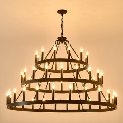 Chandelier Wagon Wheel 3-Tier 36-Light Black Metal 39.37 In Industrial