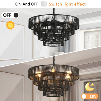 Chandelier 4-Tier Black Hemp Rope Pendant 6-Light Boho 20 In Dining
