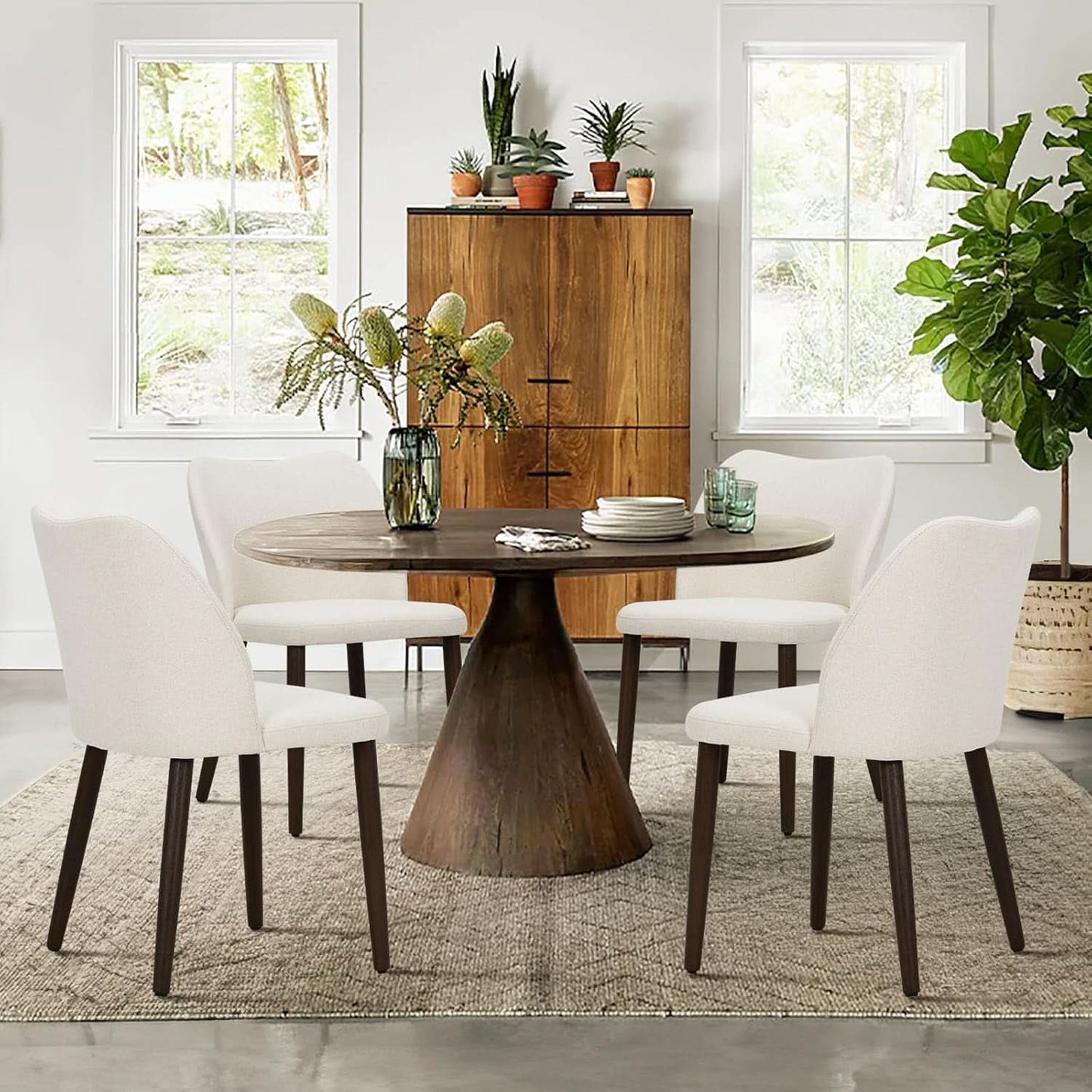 Upholstered Dining Chairs Pair Beige Fabric Wood Legs
