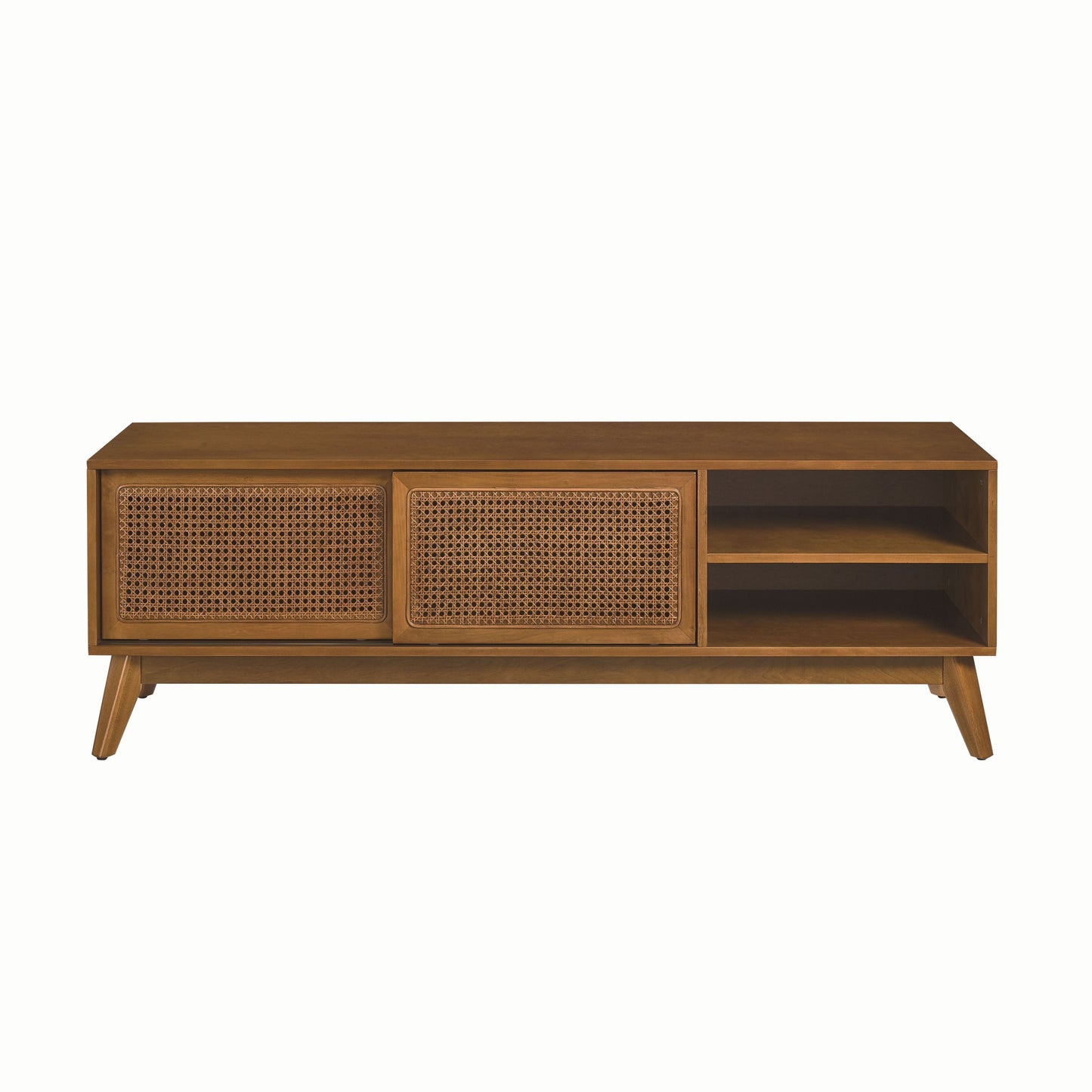 TV Stand Mid-Century Boho Rattan MDF Brown Ebony Sliding Door Fits 65 In TV