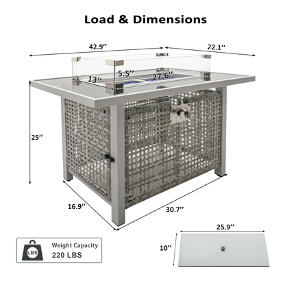 43 in Propane Gas Fire Pit Table 60,000 BTU Rectangular Open Weave Wicker, Grey