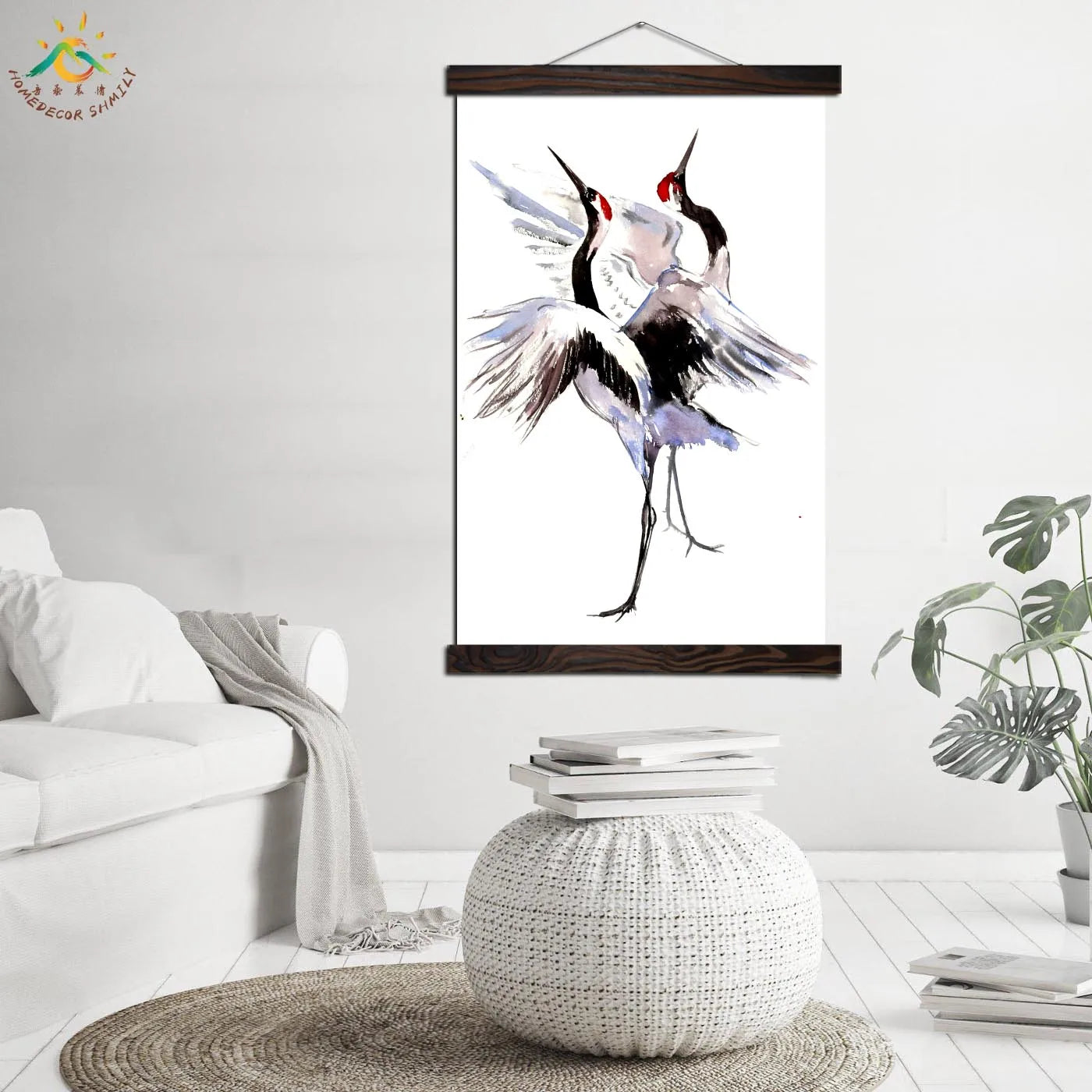 Two Dancing Cranes Artwork – Modern Canvas & Scroll Wall Art