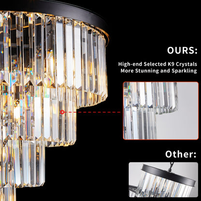 Chandelier Crystal 4-Tier Black 24 In Modern Living Dining Room
