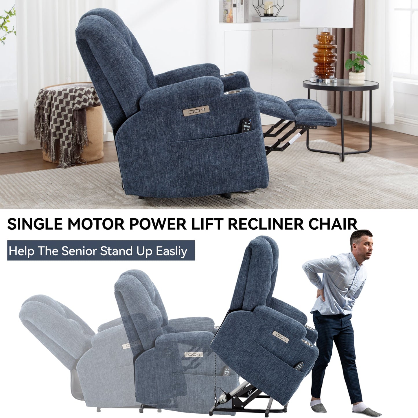 Lift Recliner Chair Power Chenille Blue Heat Massage USB Cup Holders 350 LB
