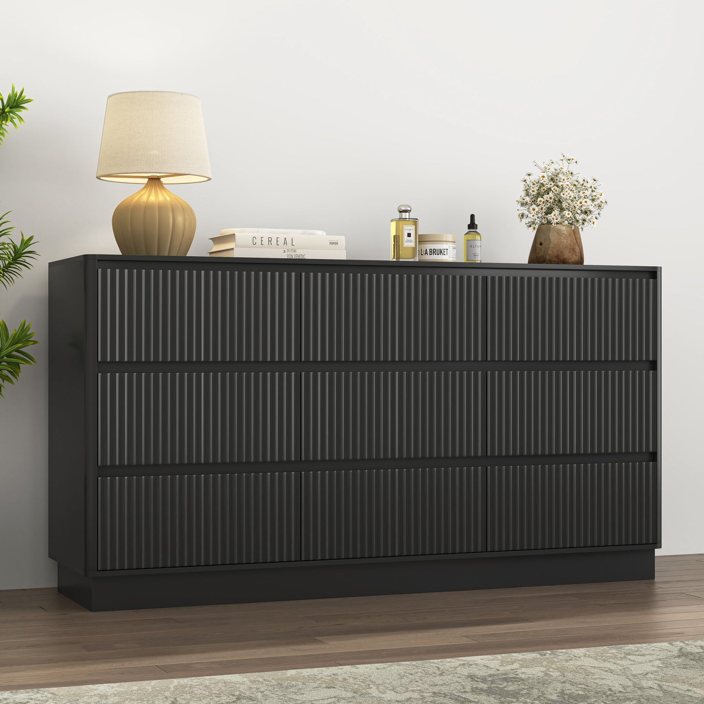 Mid-Century 9-Drawer Black Wave Dresser 59.1x15.7x31.6