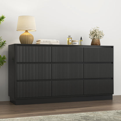 Mid-Century 9-Drawer Black Wave Dresser 59.1x15.7x31.6