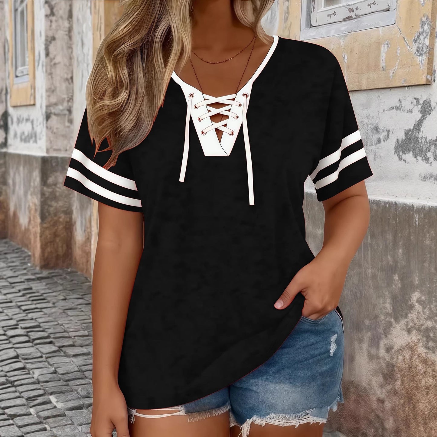 Color-Block Half-Sleeve V-Neck Plus-Size Womens T-Shirt