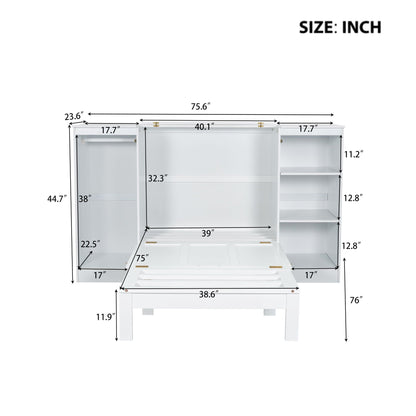 Twin Size Murphy Bed With Bedside Shelves And Wardrobe - White