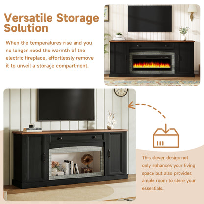 TV Stand Fireplace Black MDF Walnut Top Gray Brick 1400W Fits 70 In TV 66.9 In