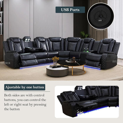 Power Recliner Sectional Sofa Set In Black With Led Lights