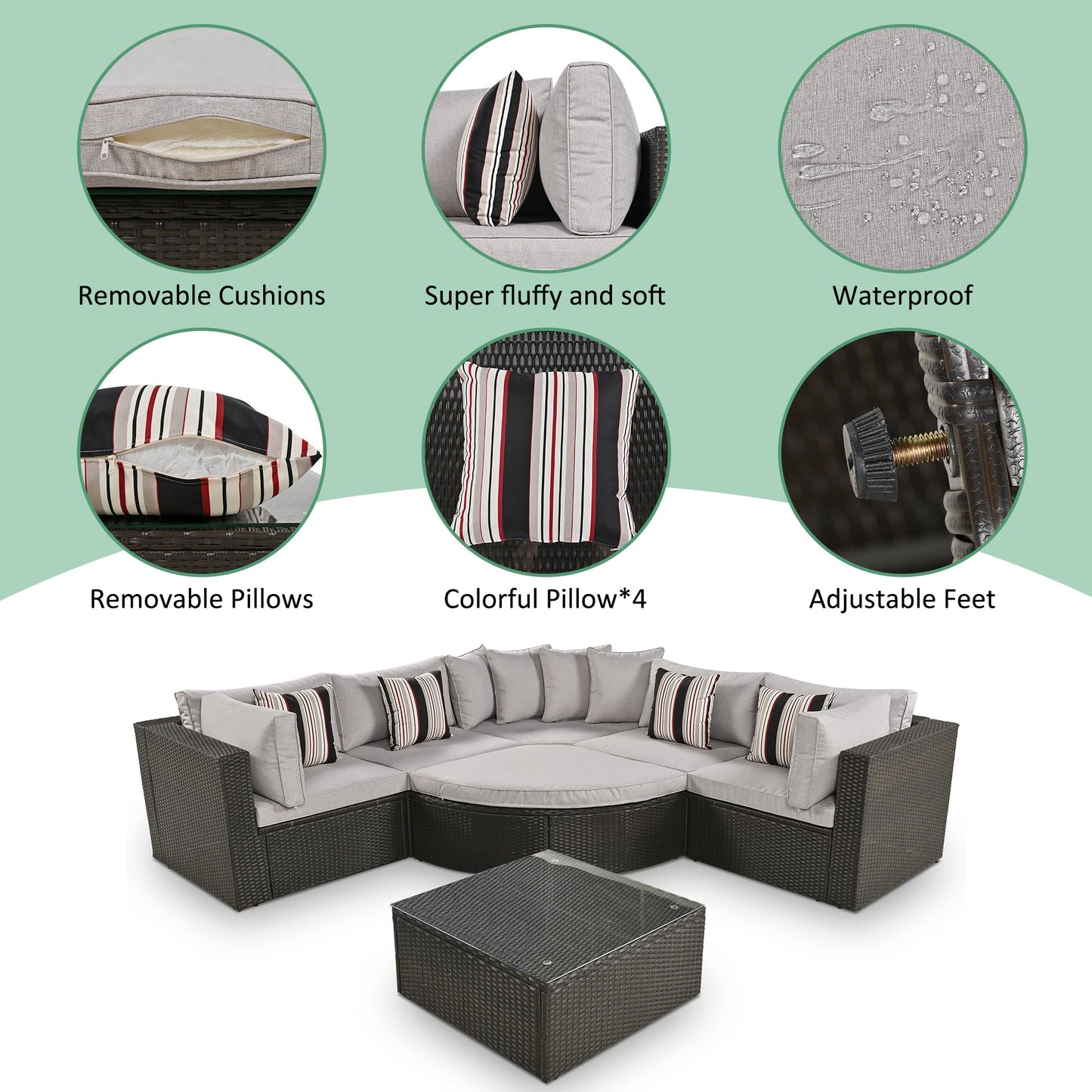 Outdoor Wicker Sofa Set Brown 7 Piece Colorful Pillows Seats 6