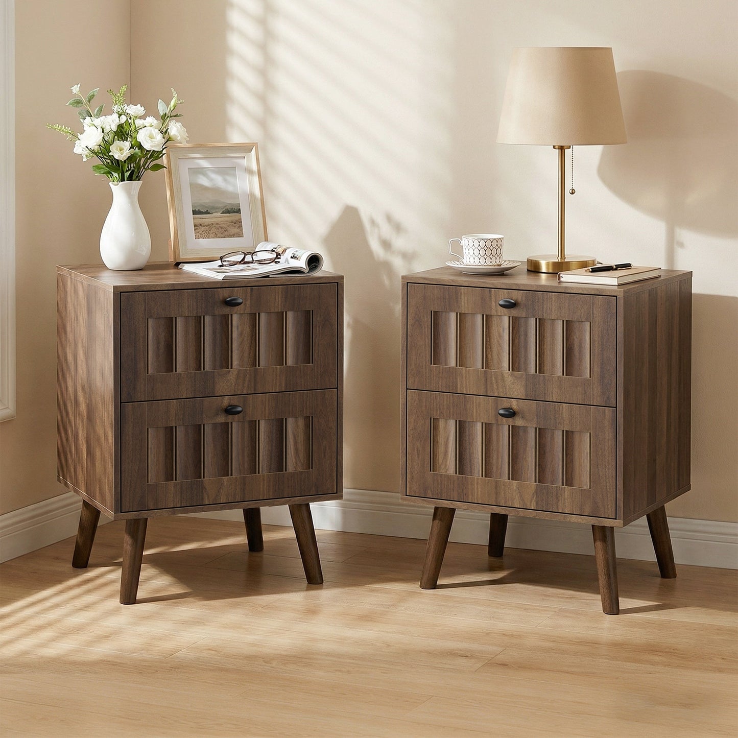Double Drawer Bedside Table, Solid Wood Legs, Walnut, 15.75x15.75 in, 2-Pack