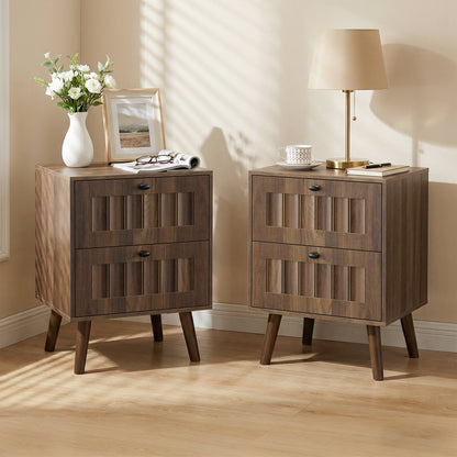 Double Drawer Bedside Table, Solid Wood Legs, Walnut, 15.75x15.75 in, 2-Pack