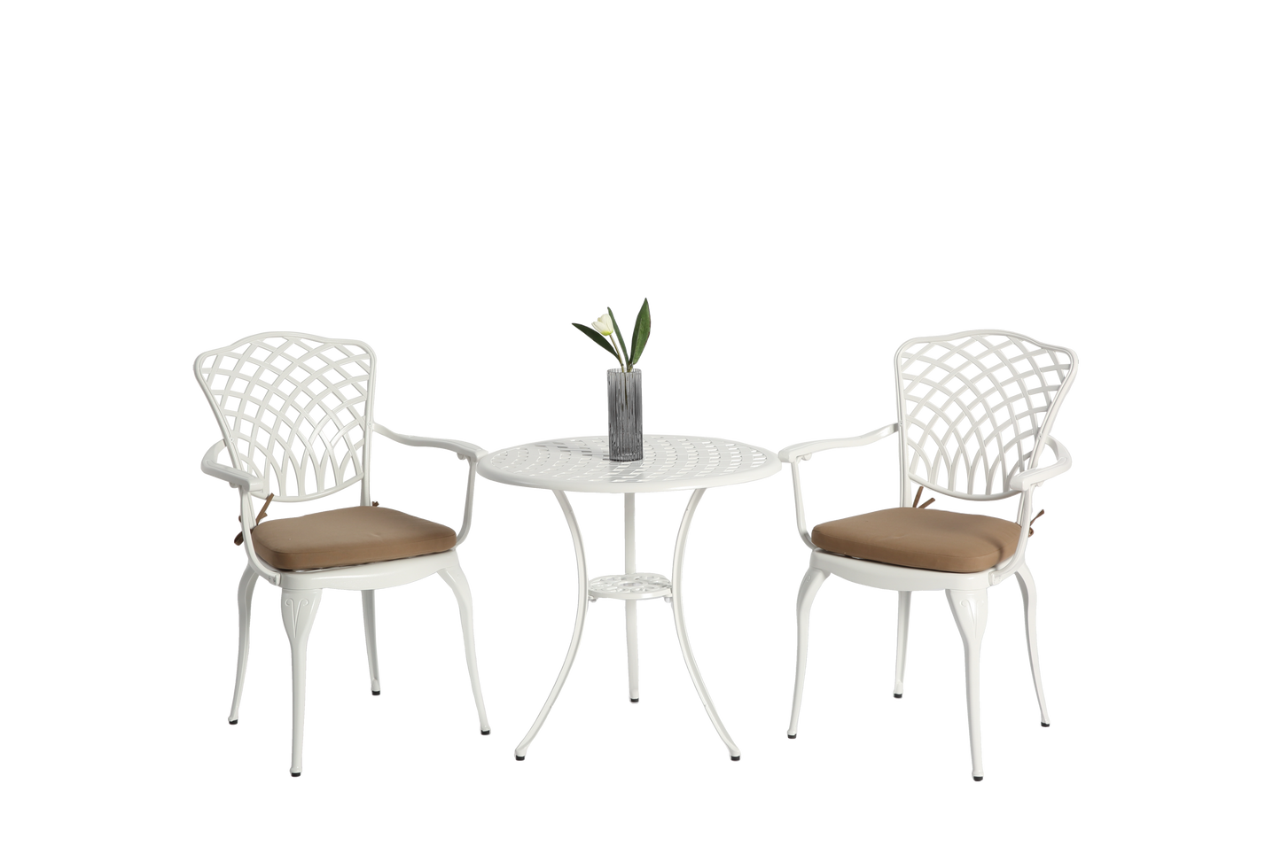 Outdoor Bistro Set Cast Aluminum White 3 Piece Umbrella Hole Cushions