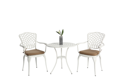 Outdoor Bistro Set Cast Aluminum White 3 Piece Umbrella Hole Cushions
