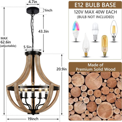 Chandelier Farmhouse 5-Light Solid Wood Adjustable Brown Dining Kitchen