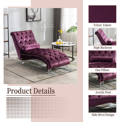Velvet Chaise Lounge Indoor, Button-Tufted with Pillow, Purple, Bedroom
