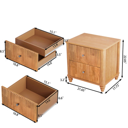 Mid Century Fluted Nightstand with 3 Drawers, 21.65 in Wide, Natural, 2-Piece