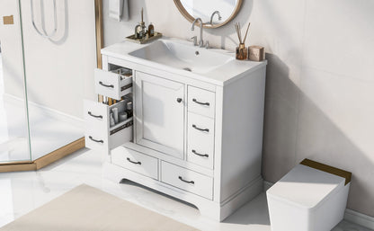 36' Bathroom Vanity with Sink Combo, Six Drawers, Multi-Functional Drawer Div...
