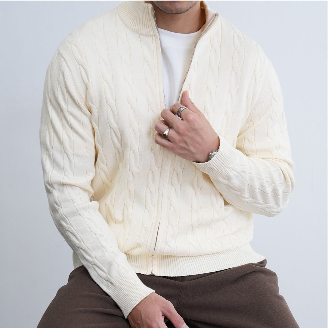Mens Casual Slim-fit Jacquard Knitted Coat With A Stand-up Collar