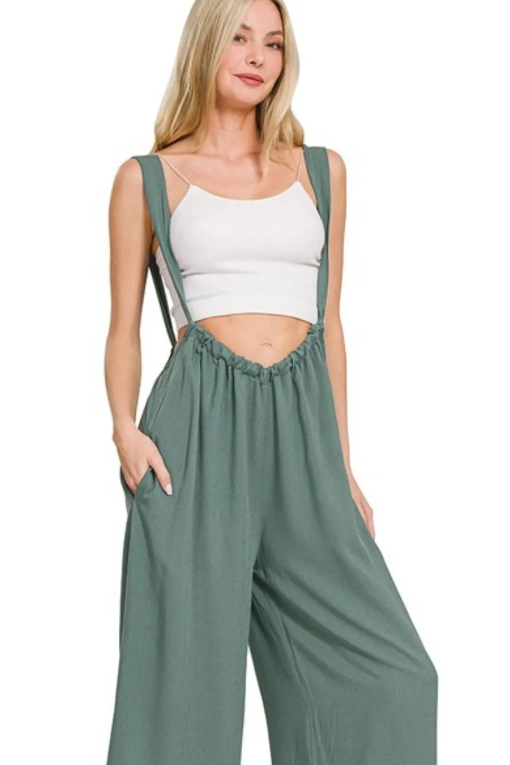 Zenana Woven Tie Back Suspender Jumpsuit