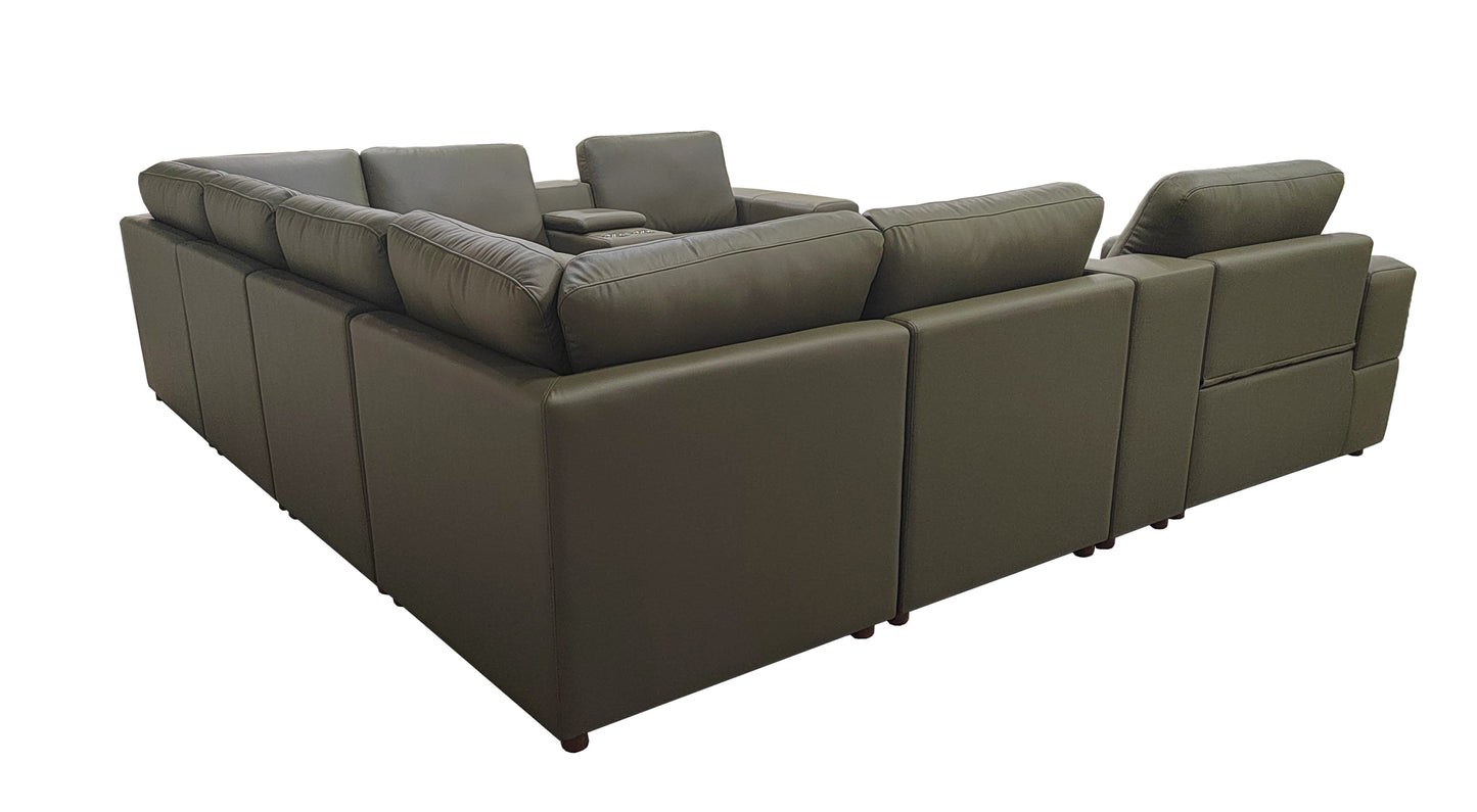 Sectional Sofa Modular Leather Match Olive 8 Seat 2 Recliners 128 In