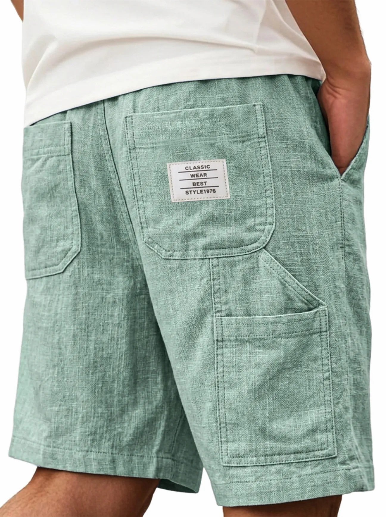 Mens Solid-Color Bamboo-Texture Linen Multi-Pocket Shorts