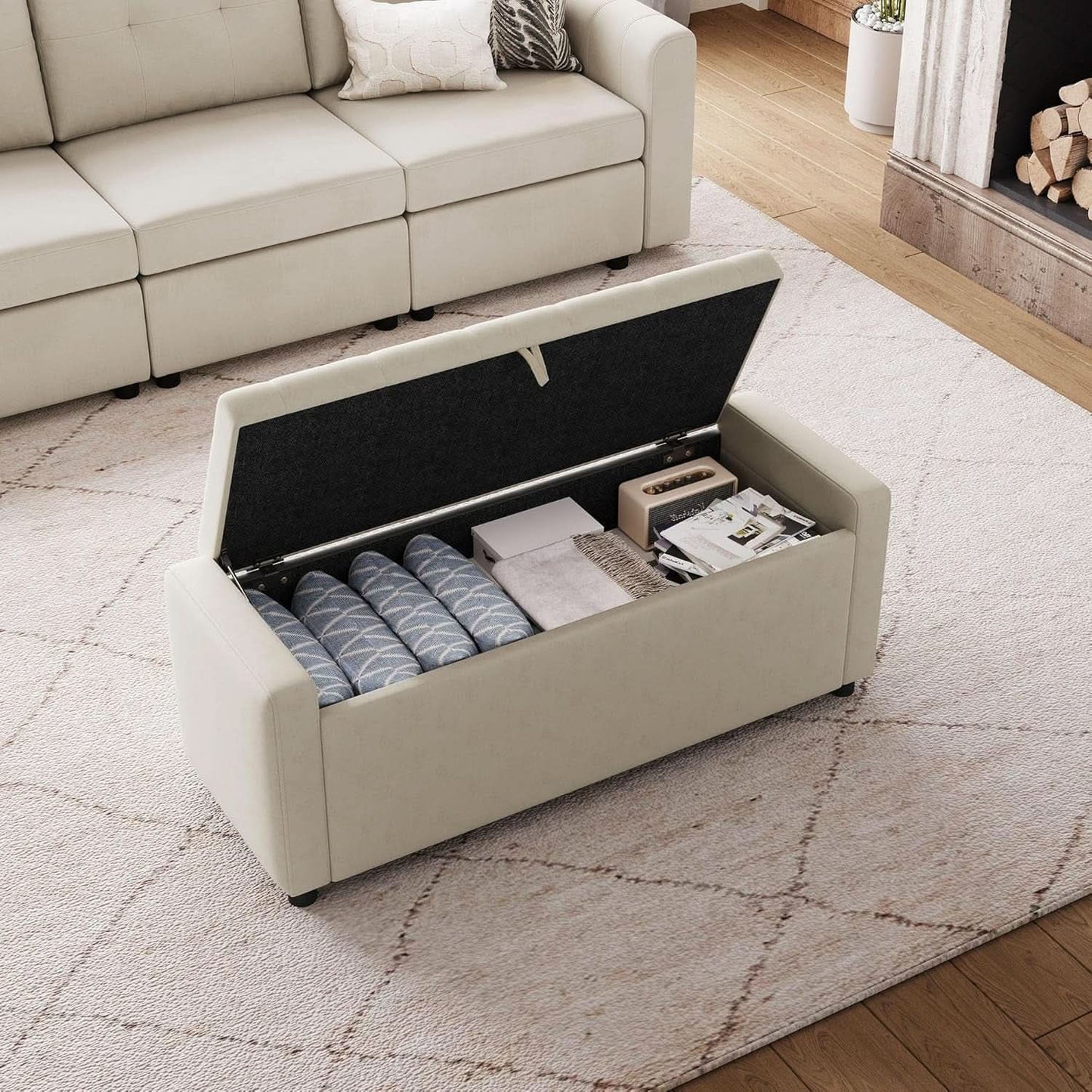 Fifty Inch Upholstered Storage Ottoman Bench Beige