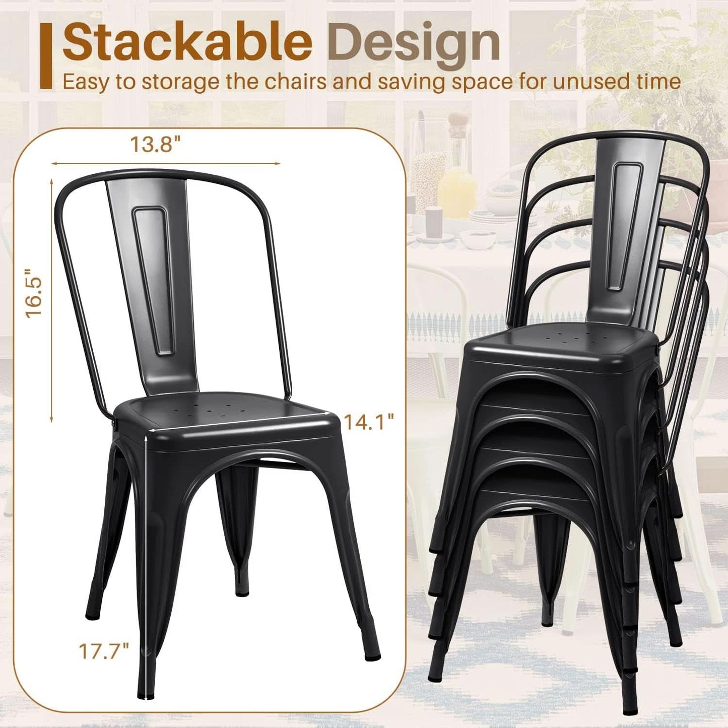 Stackable Metal Dining Chair Indoor Outdoor Black Set Of 4