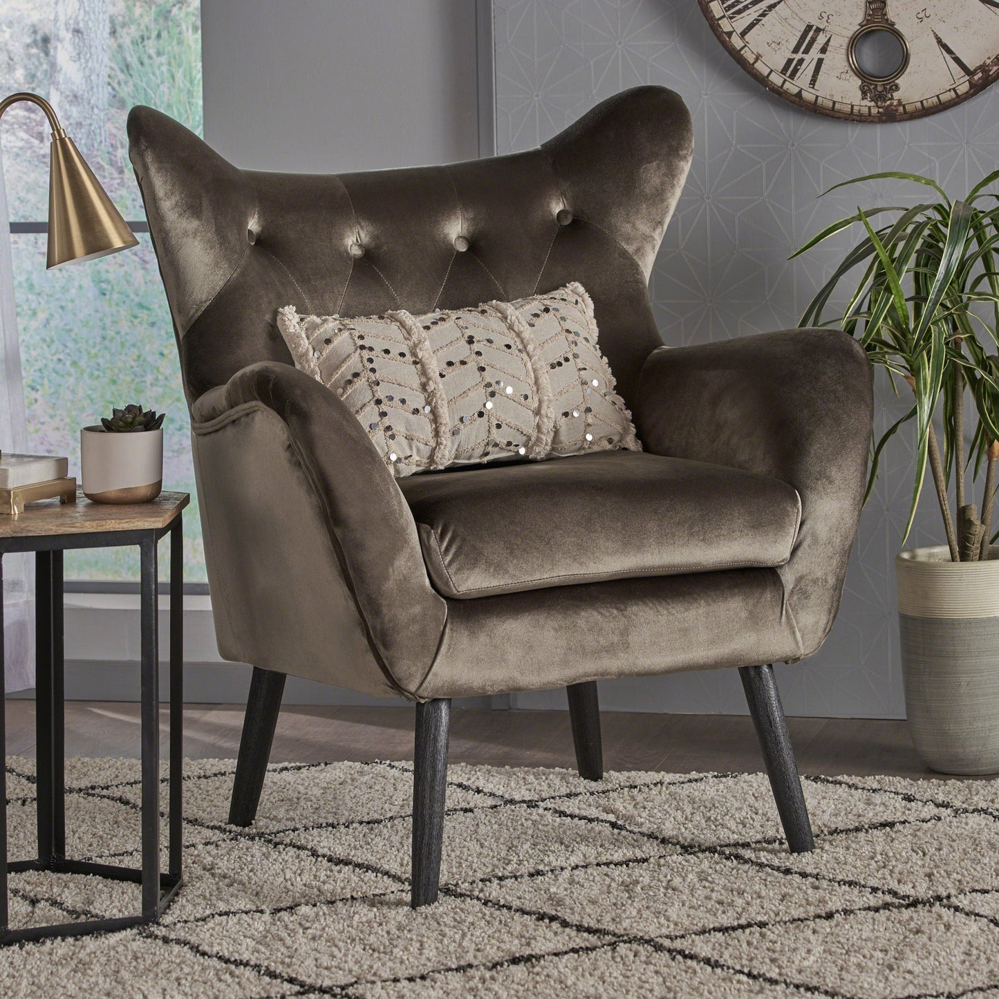 Accent Chair Mid-Century Wingback Velvet Tufted Gray Oak Frame 29x34x40 In