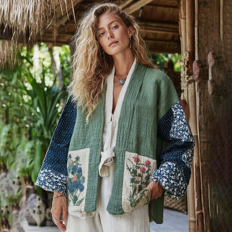 Ethnic-style Casual Linen Shawl With A Printed Shirt