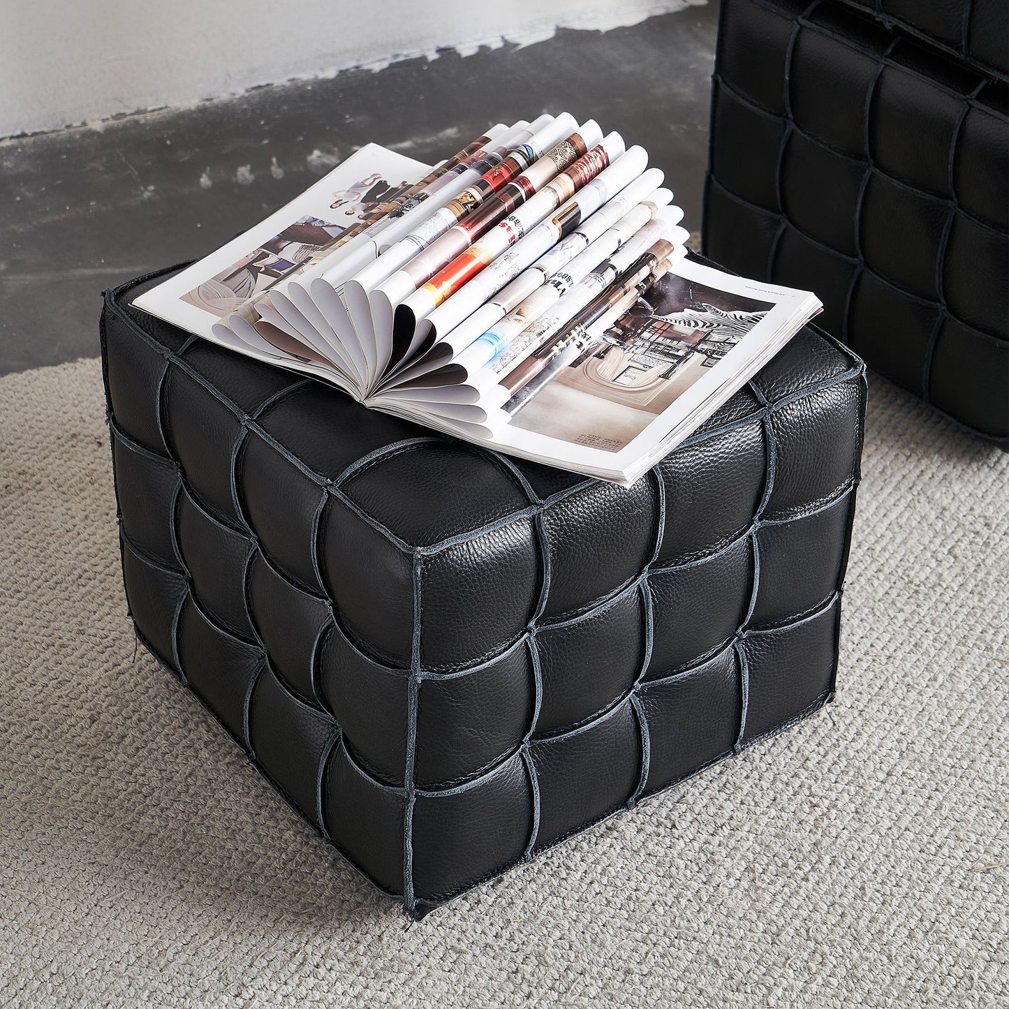 17.32'' Quality Leather Tufted Ottoman Footstool for Living Room, Black