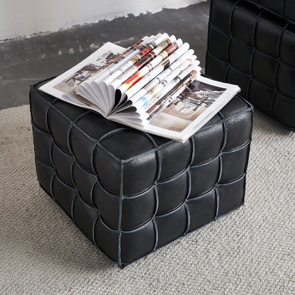 17.32'' Quality Leather Tufted Ottoman Footstool for Living Room, Black
