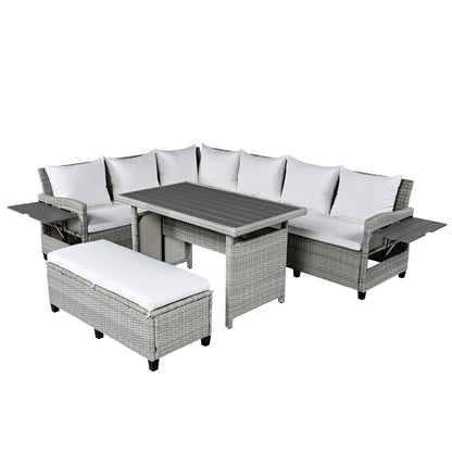 Outdoor Sectional Set PE Rattan Steel White 5 Piece Seats 7 Extendable