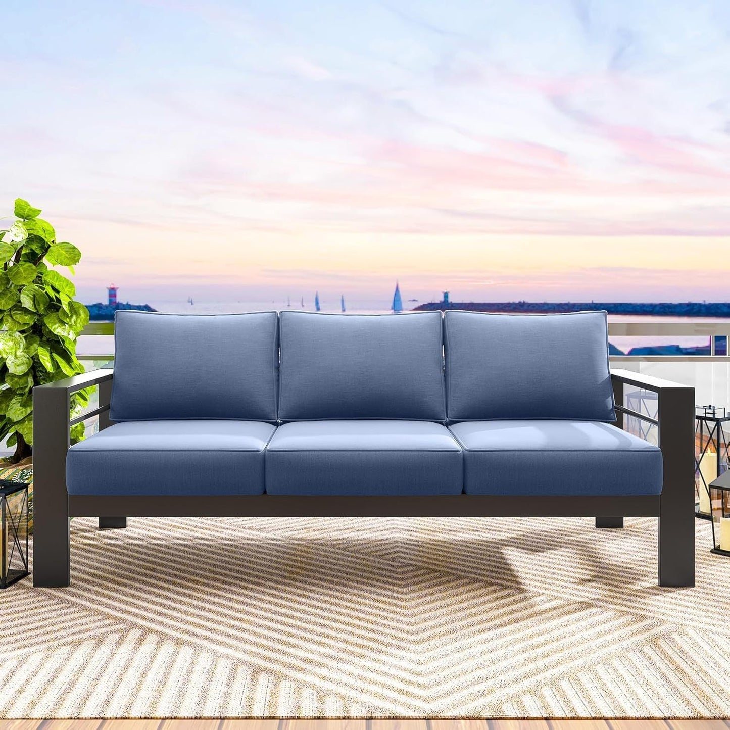 Outdoor Aluminum Sofa 3 Seat 74" Blue Cushions