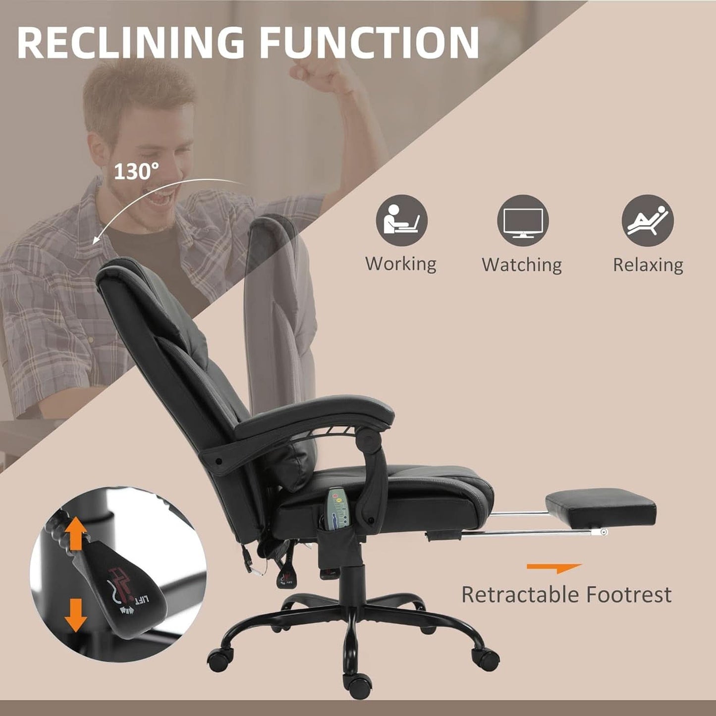 High Back Massage Office Chair With 6 Vibration Points And Footrest Black