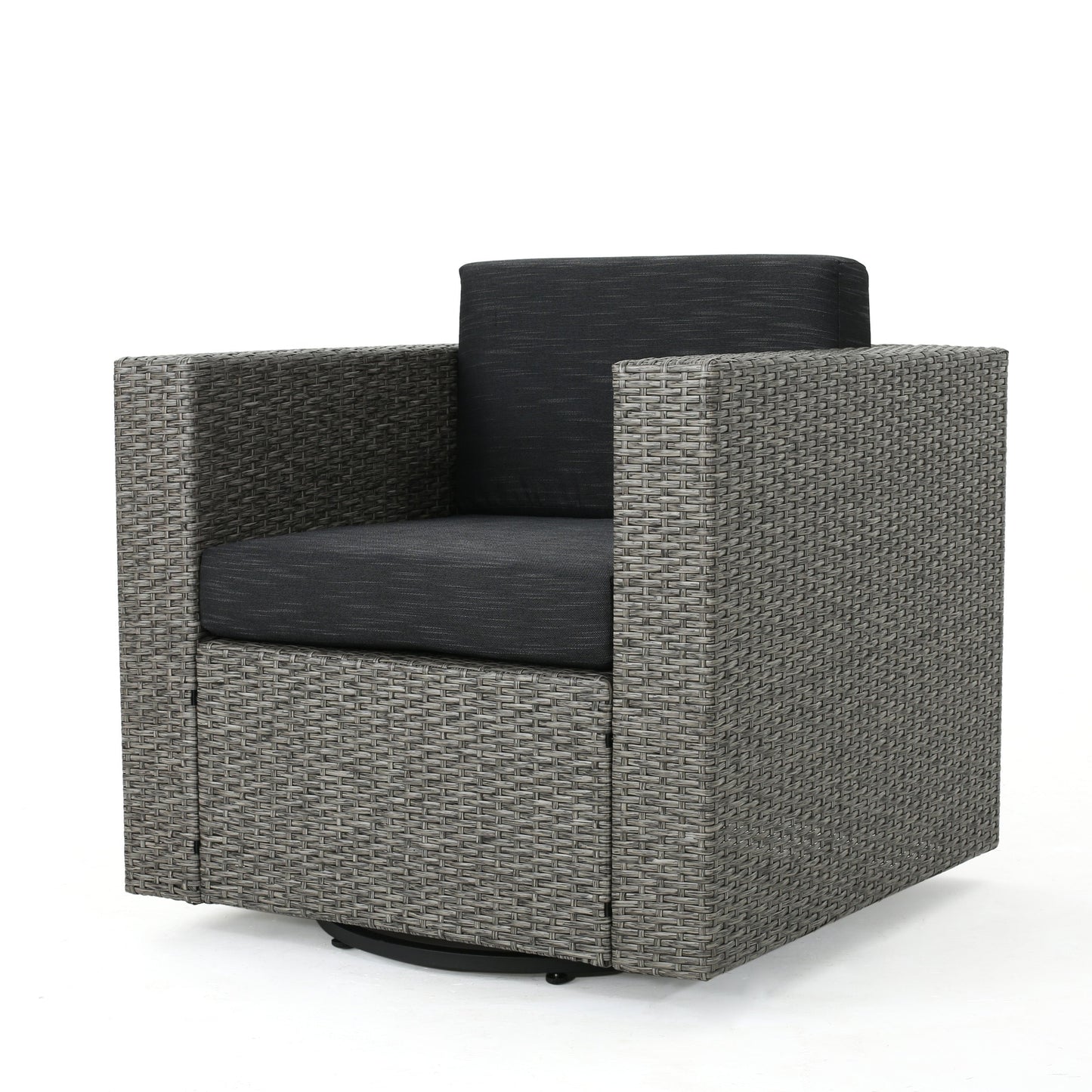 Outdoor Swivel Club Chair Wicker Iron Black Gray Cushion