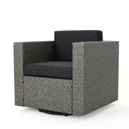 Outdoor Swivel Club Chair Wicker Iron Black Gray Cushion