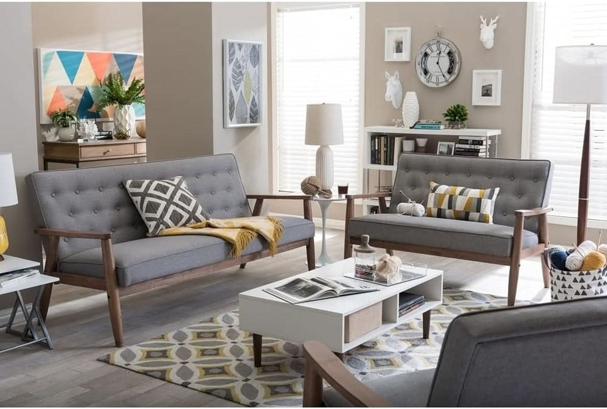 Grey 3 Piece Mid Century Modern Fabric Sofa Set Living Room